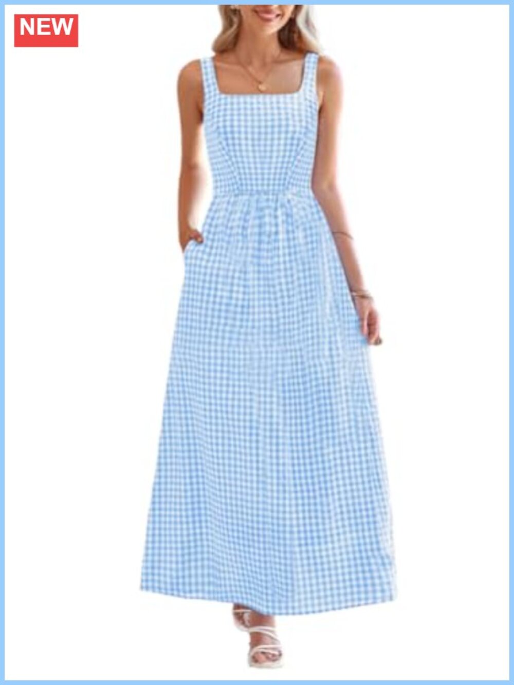 Women's Smocked Back Spaghetti Strap Plaid Maxi Beach Dress with Pockets